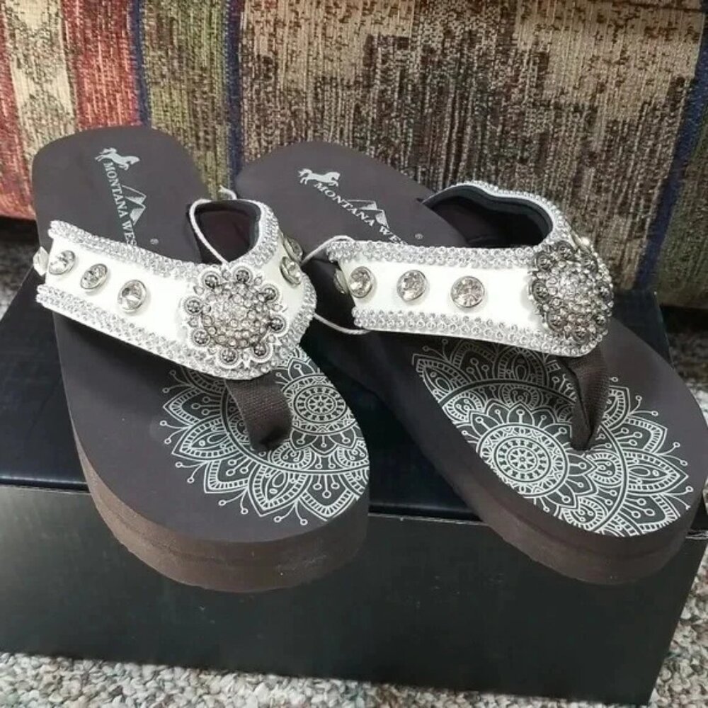 White Beige Montana West Flip Flops Western Wedge Sandals Women's Summer Shoes